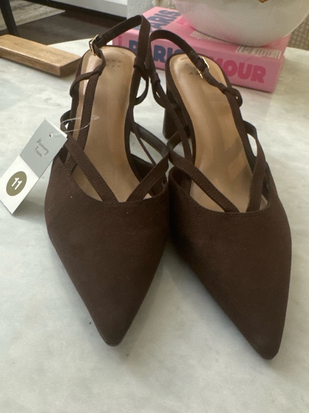 a new day Brown Pointed-Toe Crisscross Slingback Heels